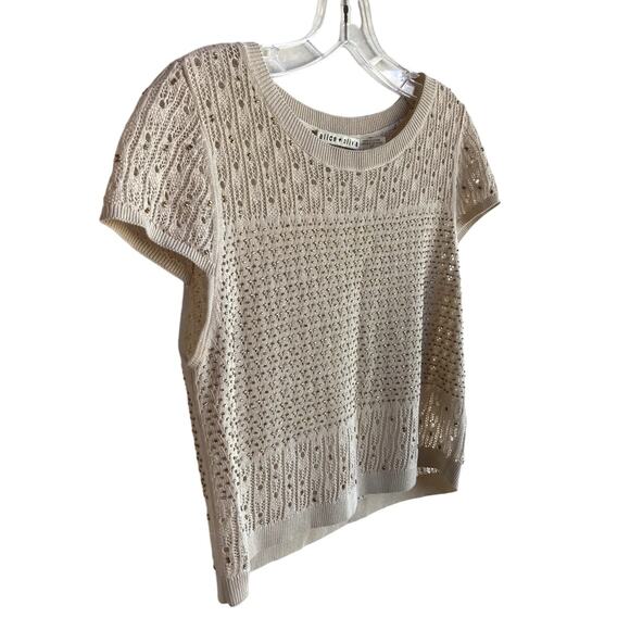 Alice + Olivia Linen Blend Pointelle Knit Beaded Cap Sleeve Cropped Sweater Top - Picture 3 of 9